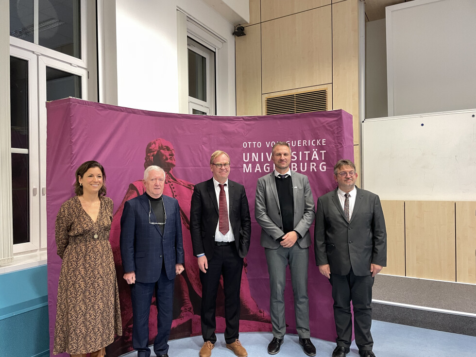 Caroline Leclercq, Pierre Menguy, Prof. Hans-Knud Arndt, Michaël Hauchecorne und Fabrice Poret am Rande des Französischen Abends an der FIN